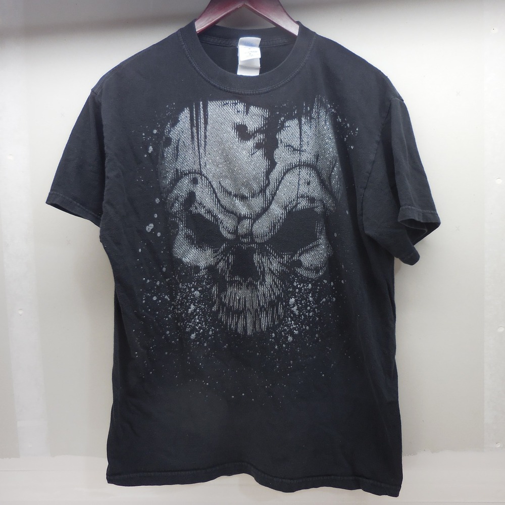 Vintage Y2K M&O Knits Skull Graphic T-Shirt Mens Black Distressed Grunge 2000s M